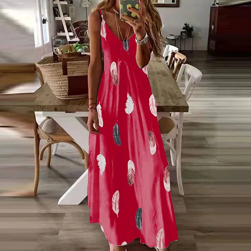 Feather Print V-Neck Maxi Dress