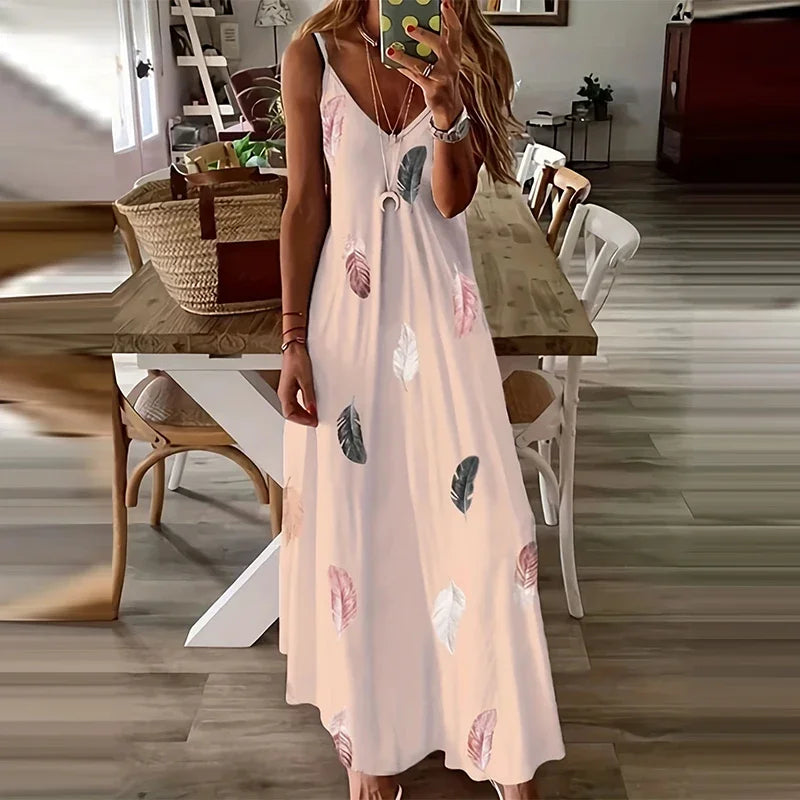Feather Print V-Neck Maxi Dress