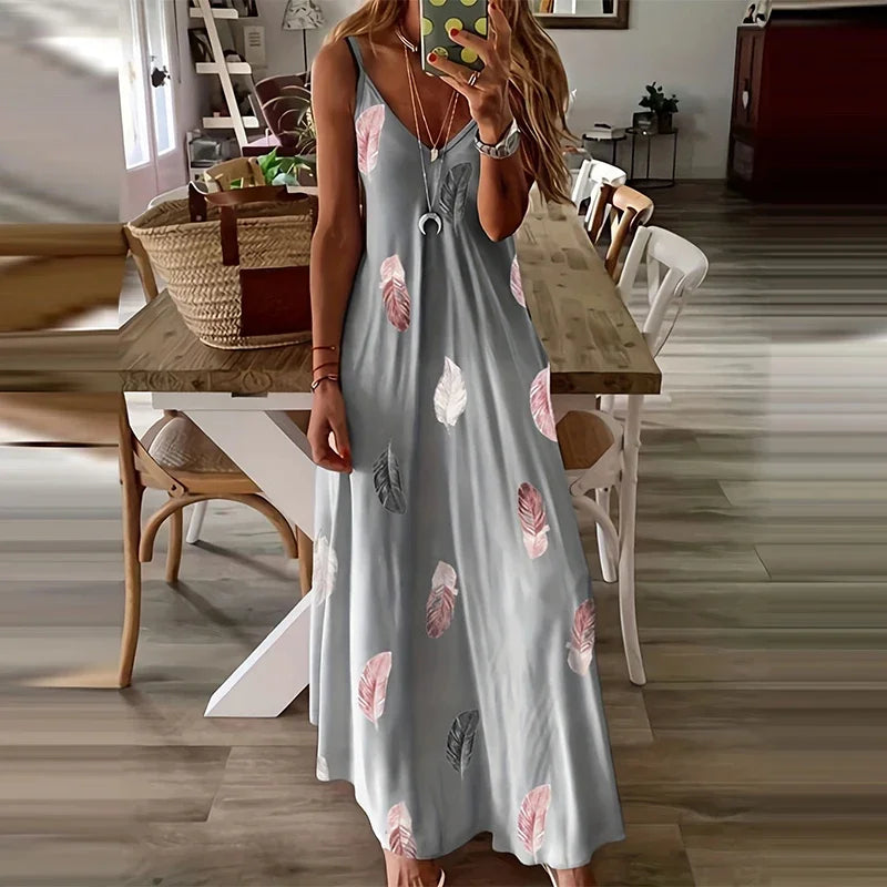 Feather Print V-Neck Maxi Dress