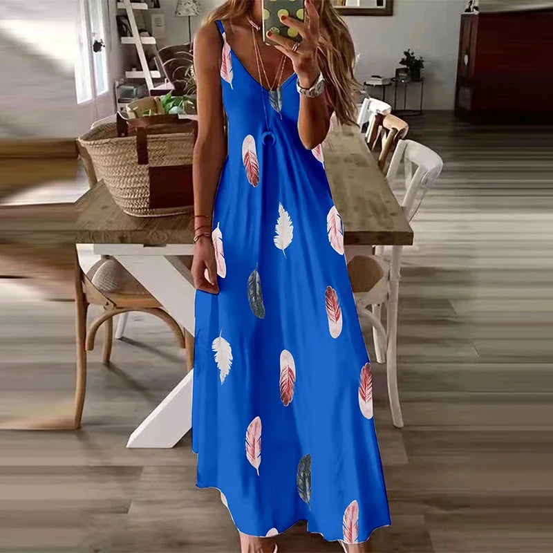 Feather Print V-Neck Maxi Dress