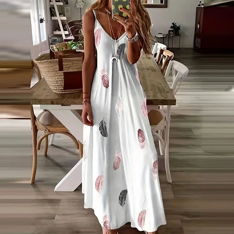 Feather Print V-Neck Maxi Dress