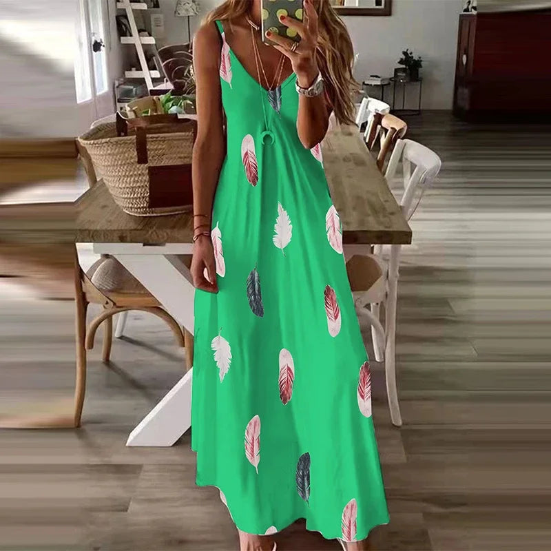 Feather Print V-Neck Maxi Dress