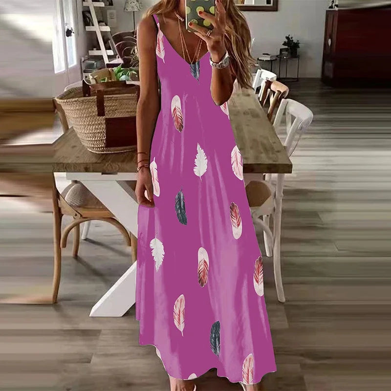 Feather Print V-Neck Maxi Dress