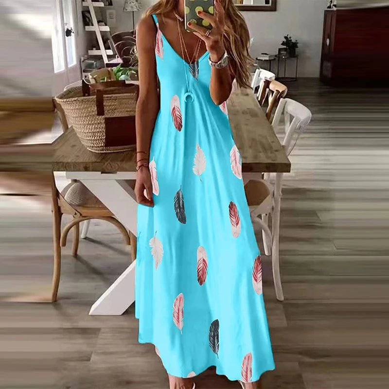 Feather Print V-Neck Maxi Dress